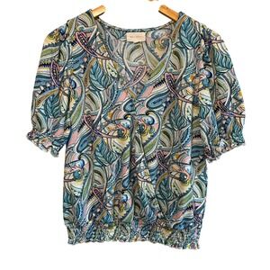 Melloday Womens M Paisley V-Neck Smocked Hem Blouse Blue Pink Fairy Feminine